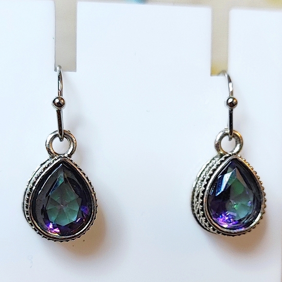 Mystic Topaz Purple Blue Green Rainbow Teardrop Pierced Silver Tone Earrings NEW - Picture 6 of 12